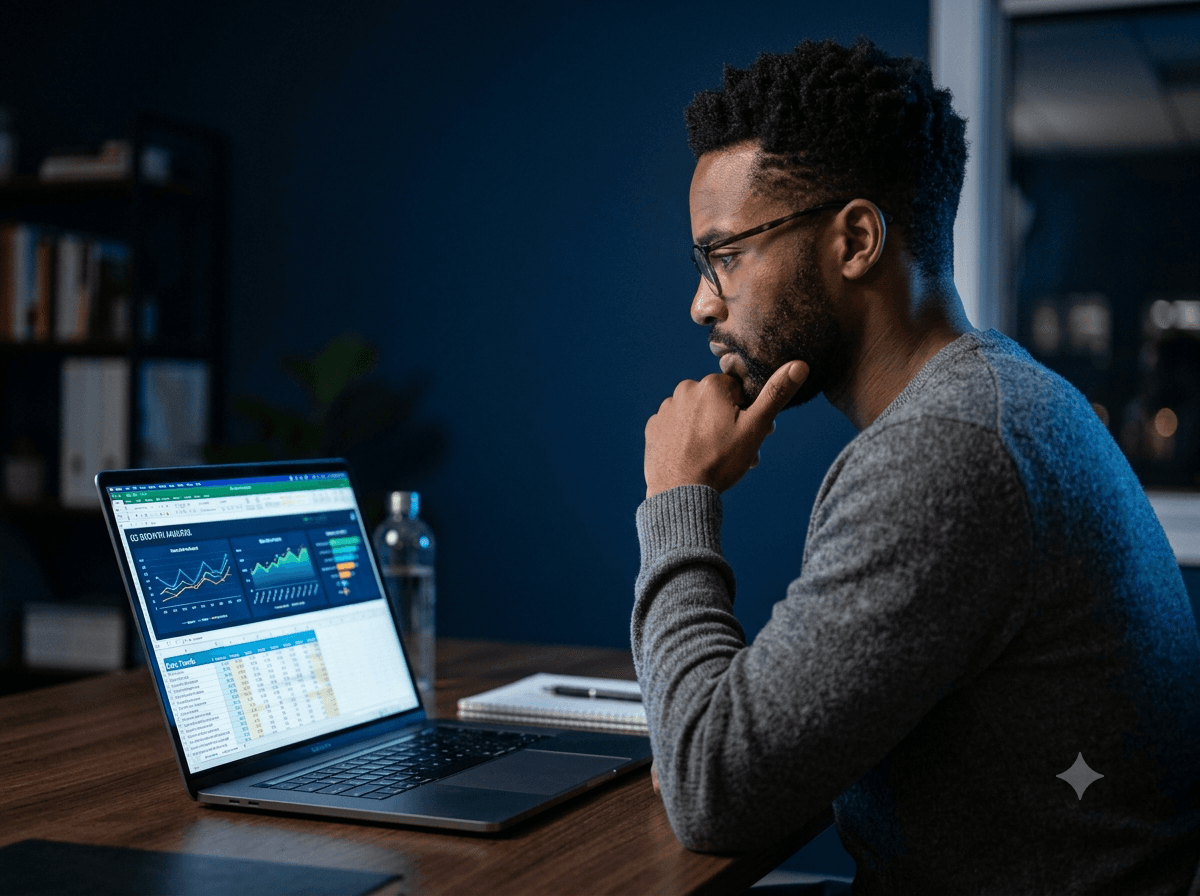 An analyst focused on charts and data in a spreadsheet on their laptop