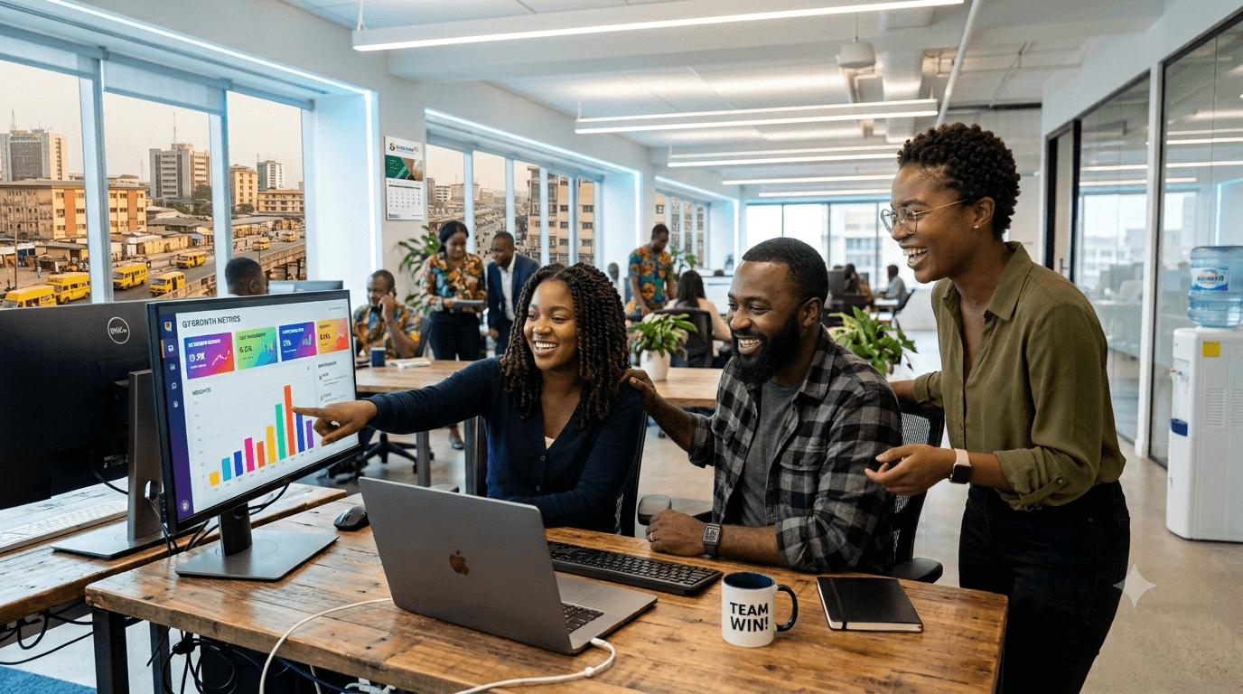 A team smiling and pointing at growth metrics on a dashboard together